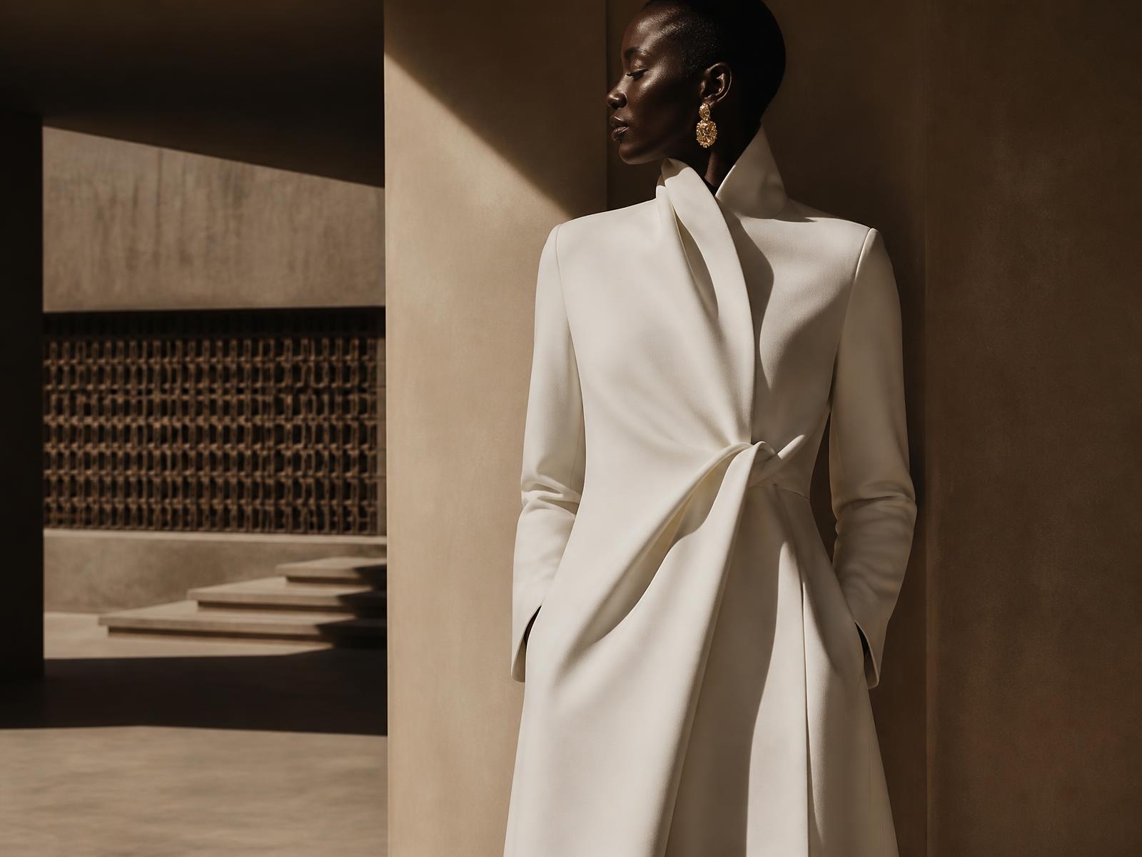 Editorial portrait in ivory tailoring within modern African architecture
